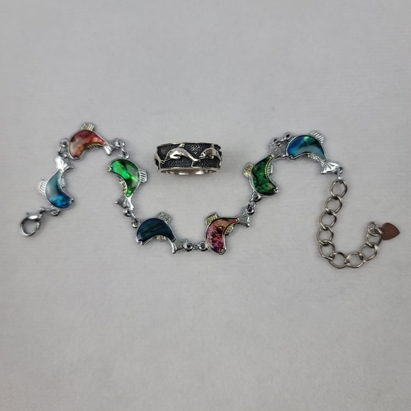 Sterling silver dolphin ring and colored bracelet - Picture 1 of 7